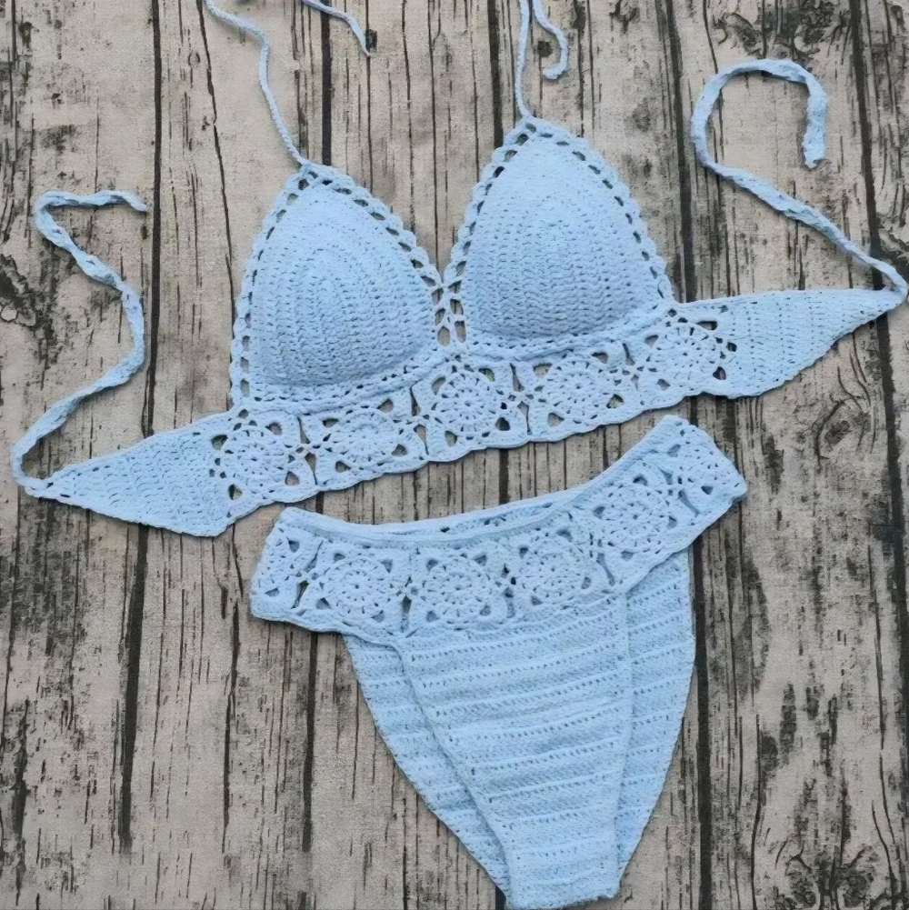 Hand Crafted Light Blue Crochet Bikini Set